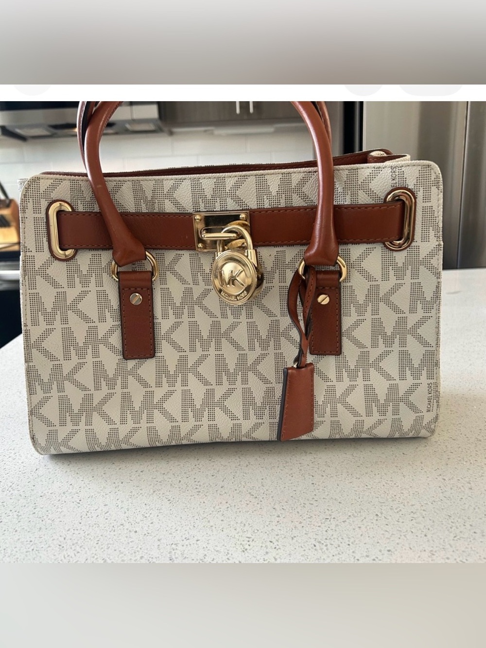 Michael Kors Cream and Brown MK Logo Satchel with Gold Hardware
